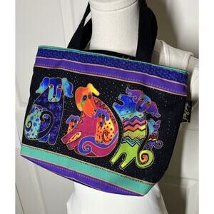 Laurel Burch Dog Purse Zip Top Canvas Abstract Colorful Top Handle 11.5”x 8.5”